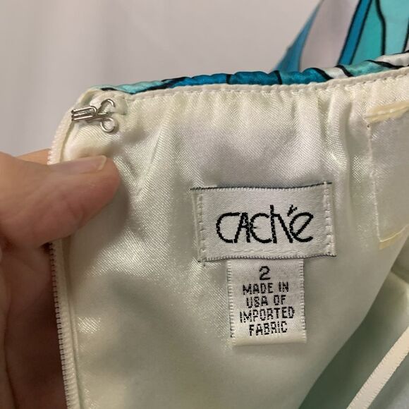 Cache Turquoise Off White Silk Tropical Leaf Pattern Strapless Mini Dress Size 2 - Picture 6 of 13